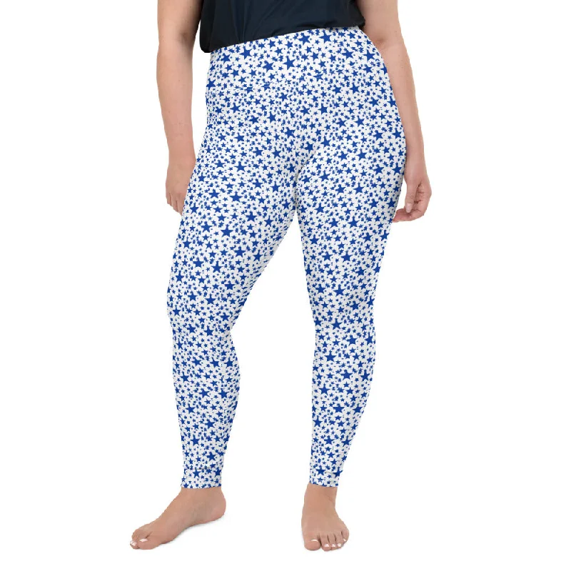 White Blue Star Print Tights, Best Star Pattern Print Women's Designer Plus Size Leggings Tights- Made in USA/EU Comfortable Workout Fitness Leggings