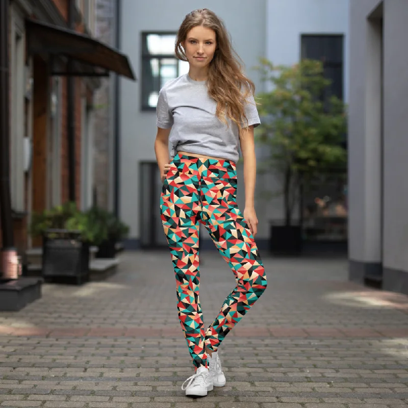 Geometric Red Women's Yoga Leggings, Patterned Colorful Ladies Yoga Pants-Made in USA/EU Fashionable Lacy Detail Leggings