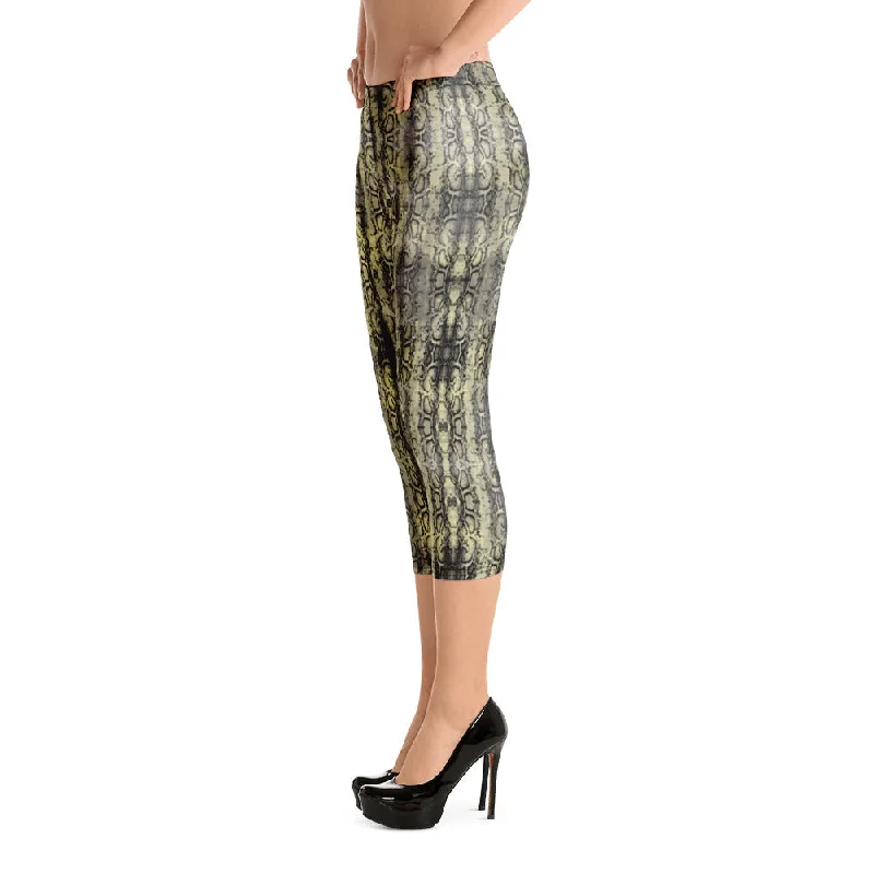 Snake Print Sexy Capri Leggings, Women's Premium Snakeskin Printed Casual Tights-Made in USA/EU Fashionable Tummy Control Leggings