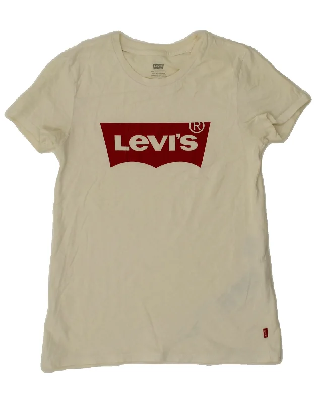 LEVI'S Womens Graphic T-Shirt Top UK 2 2XS Off White Cotton Lace Blend Ribbed Blend Corduroy Blend