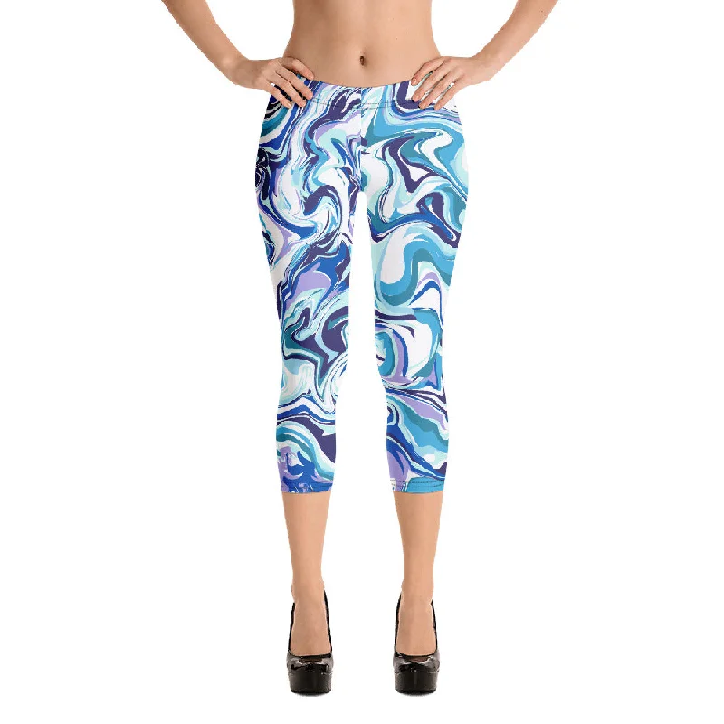 Blue Swirl Women's Capri Leggings, Abstract Print Ladies Casual Tights-Made in USA/EU Casual Black Leggings