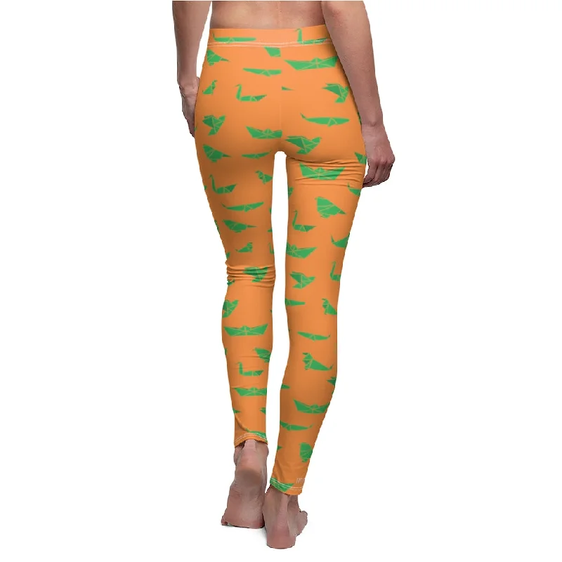 Orange Green Crane Long Tights, Best Japanese Crane Origami Print Women's Dressy Casual Leggings-Made in USA Cozy Bootcut Leggings