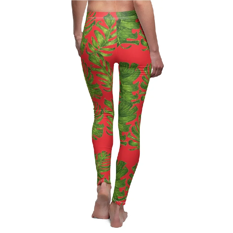 Red And Green Tropical Tights, Leaf Print Women's Dressy Long Casual Leggings- Made in USA Cozy Cotton Leggings