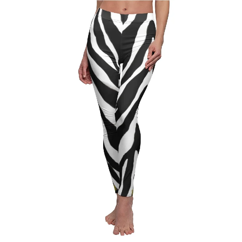 Women's Zebra Casual Leggings, Stripe Animal Print Skinny Fit Leggings - Made in USA Elegant Shiny Black Leggings