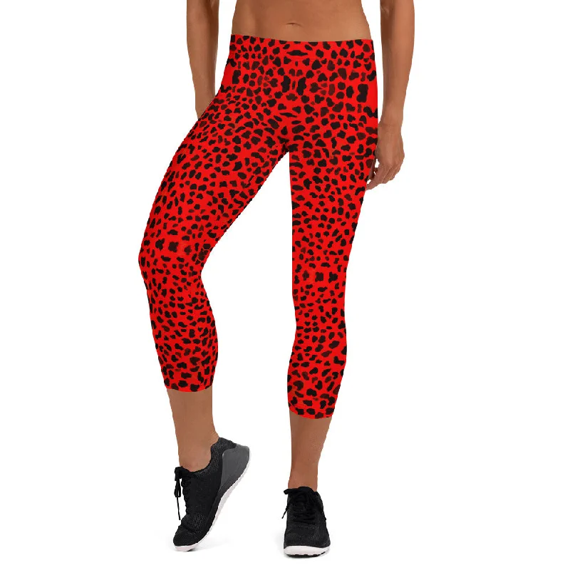 Red Cheetah Capri Leggings, Animal Print Wild Sexy Women's Capris Tights-Made in USA/EU Trendy Color Block Leggings