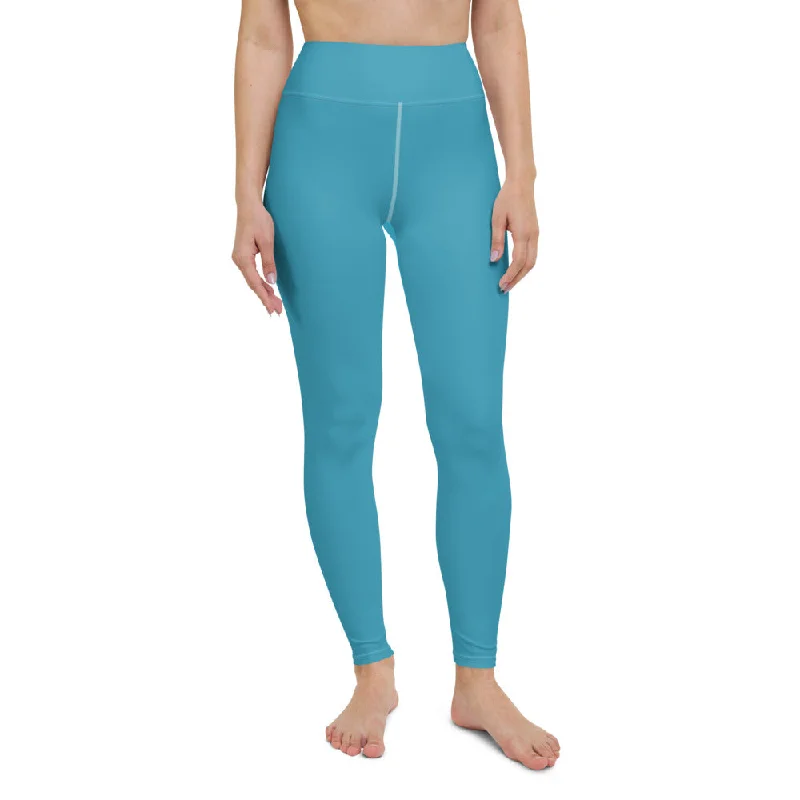 Blue Women's Long Yoga Leggings, Solid Color Blue Women's Gym Tights-Made in USA/EU/MX Fashionable Minimal Active Leggings