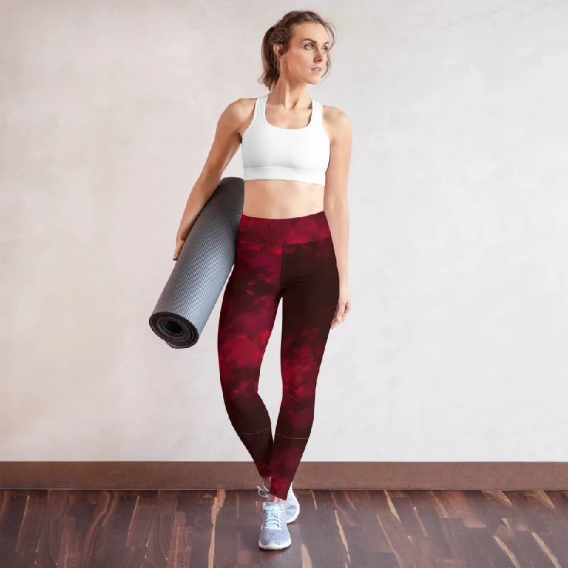 Red Abstract Long Yoga Leggings, Modern Women's Gym Workout Tights-Made in USA/EU Fashionable Stretchy Fit Leggings