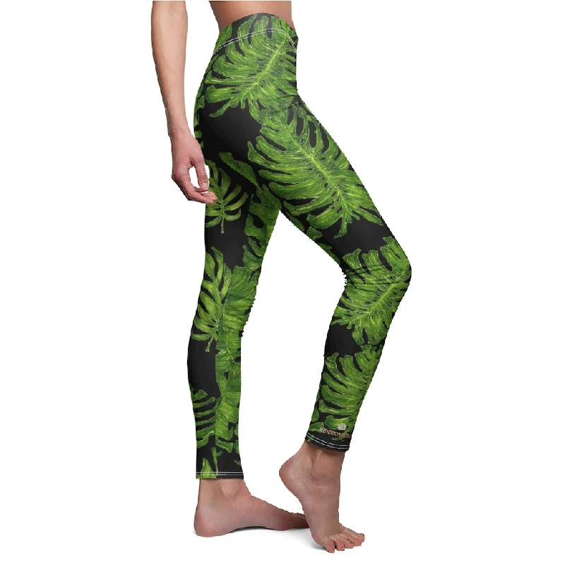 Green Tropical Leaf Tights, Black Women's Dressy Long Casual Leggings - Made in USA Fashionable Plus-Size Activewear