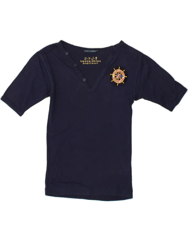 RALPH LAUREN Womens Graphic T-Shirt Top UK 8 Small Navy Blue Nautical Welt Pockets Slit Pockets Flap Pockets