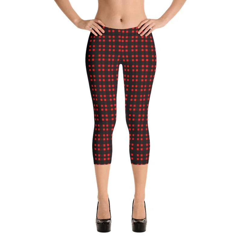 Buffalo Red Plaid Capris Tights, Scottish Style Print Women's Capri Leggings Pants Fashion Tights- Made in USA/ EU Fashionable Ribbed Knit Leggings