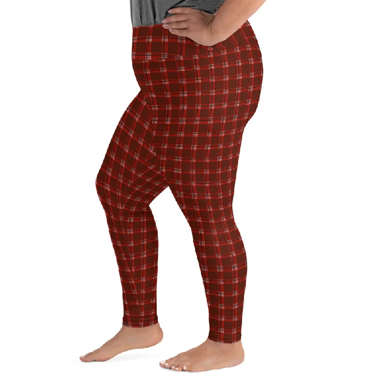 Red Plaid Plus Size Leggings, Dark Red Tartan Classic Women's Yoga Tights-Made in USA/EU Elegant Shiny Black Leggings