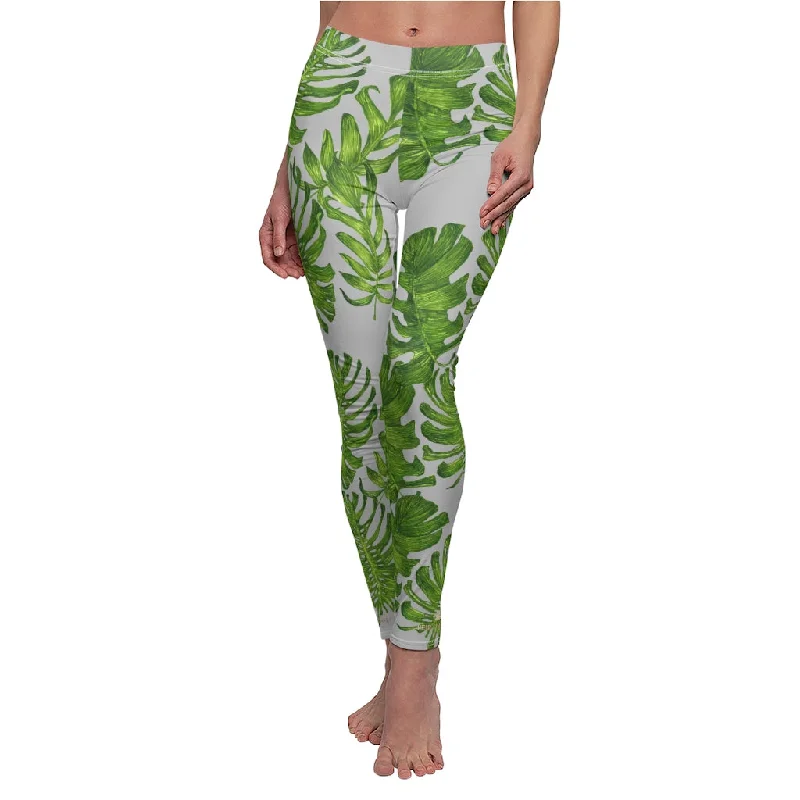 Light Gray Tropical Tights, Green Tropical Leaf Print Women's Dressy Long Casual Leggings- Made in USA Casual Sporty Leggings