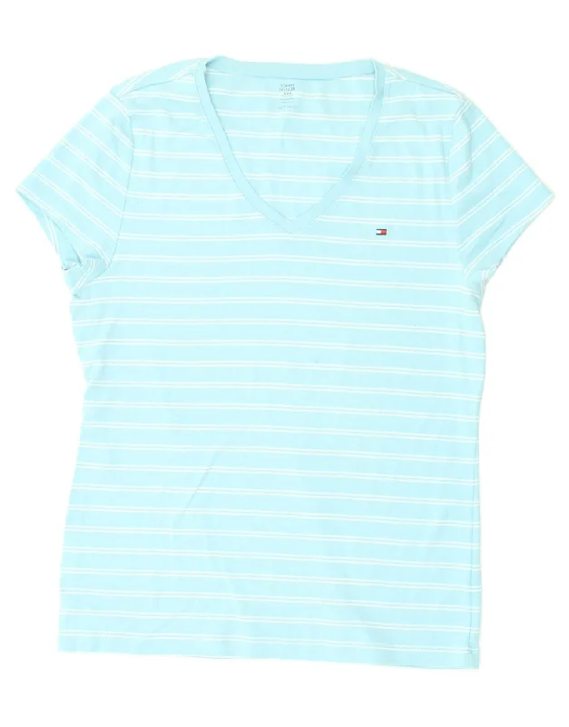 TOMMY HILFIGER Womens Tall Slim T-Shirt Top UK 20 2XL Blue Striped Cotton Satin Blend Silk Blend Wool Blend