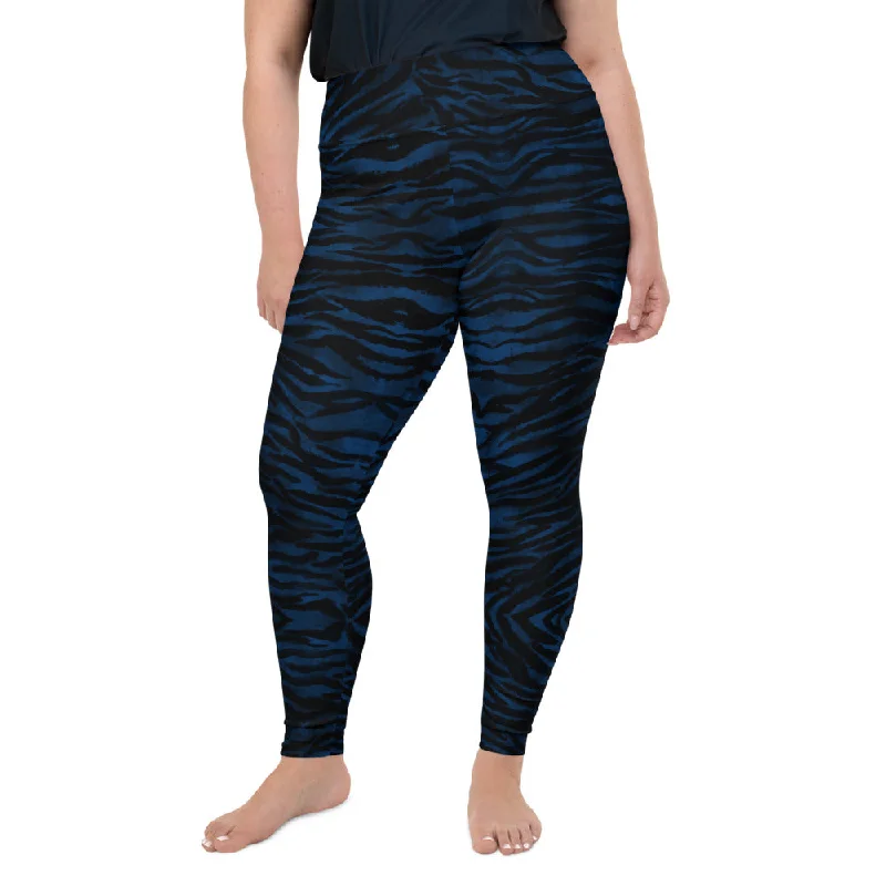 Navy Tiger Plus Size Leggings, Striped Animal Print Women's Long Yoga Pants-Made in USA/EU Trendy Sweat-Wicking Workout Leggings