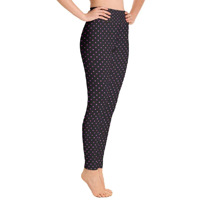 Pink Polka Dots Women's Leggings, Black Long Yoga Workout Pants- Made in USA/EU Stylish Side-Stripe Leggings Pink Polka Dots Women's Leggings, Black Long Yoga Workout Pants- Made in USA/EU Stylish Side-Stripe Leggings