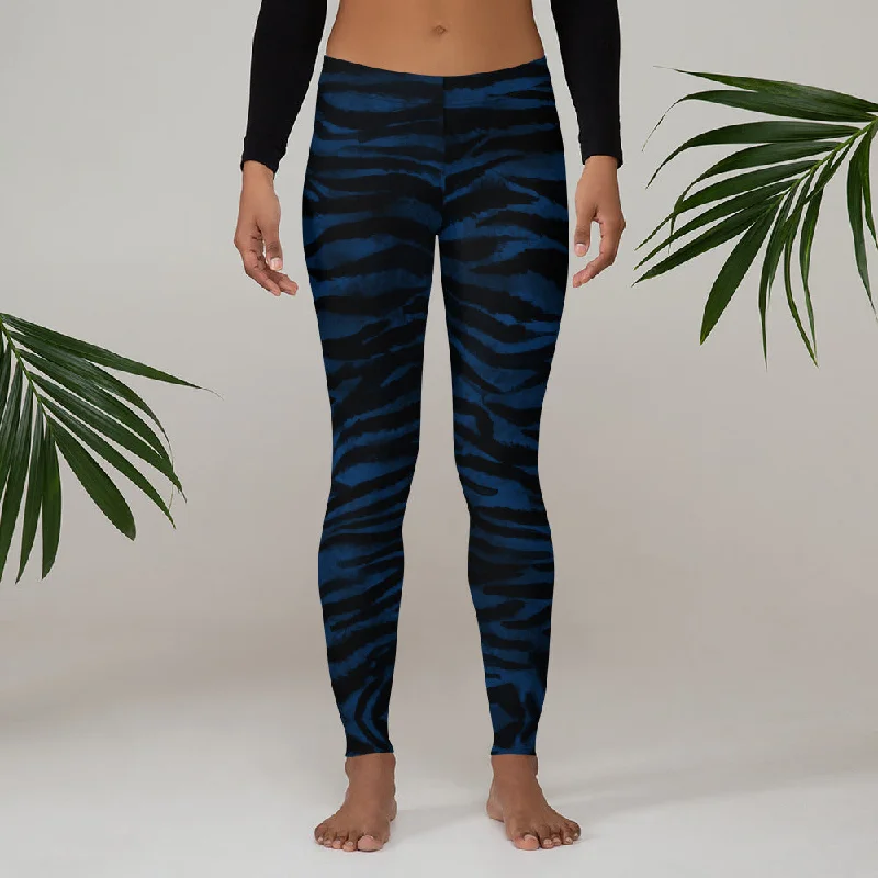 Navy Blue Tiger Striped Leggings, Animal Print Women's Long Tights-Made in USA/EU Fashionable Embroidered Detail Leggings