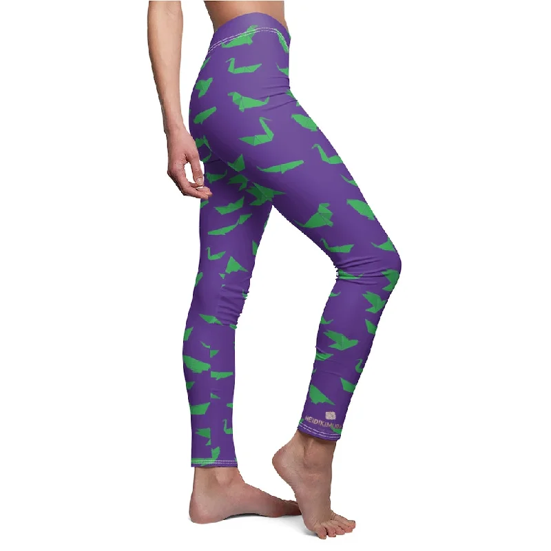 Purple Green Casual Tights, Japanese Style Crane Origami Print Women's Dressy Casual Leggings-Made in USA Trendy Activewear Leggings