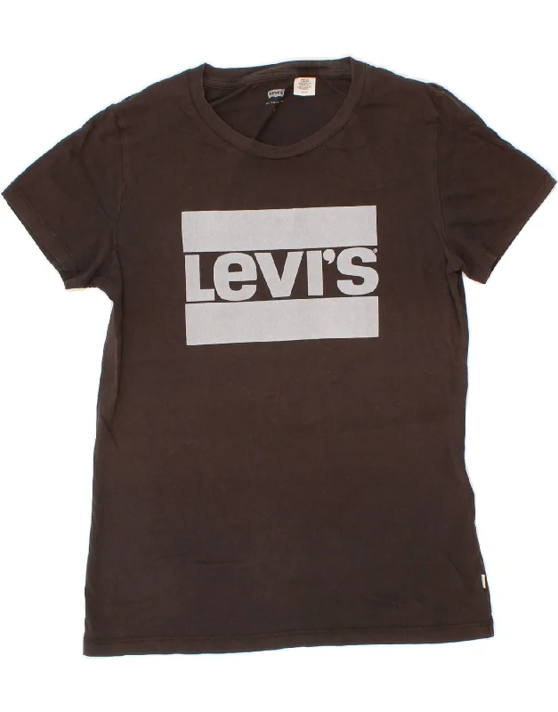LEVI'S Womens Graphic T-Shirt Top UK 10 Small Black Cotton Collared Crew Neck Turtle Neck