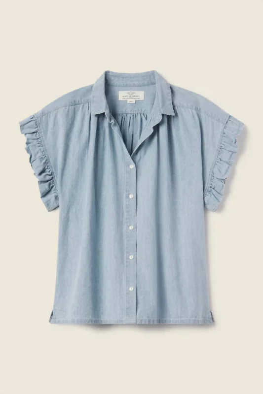 Marianne B Ruffle Sleeve Shirt In Chambray Faux Fur Fabric Real Fur Fabric Shearling Fabric