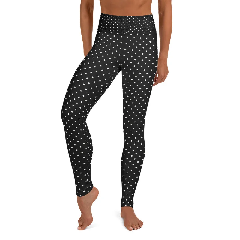 White Polka Dots Women's Leggings, Polka Dots Print Premium Yoga Pants- Made in USA/MX/EU/MX Comfortable Wide-Band Leggings White Polka Dots Women's Leggings, Polka Dots Print Premium Yoga Pants- Made in USA/MX/EU/MX Comfortable Wide-Band Leggings