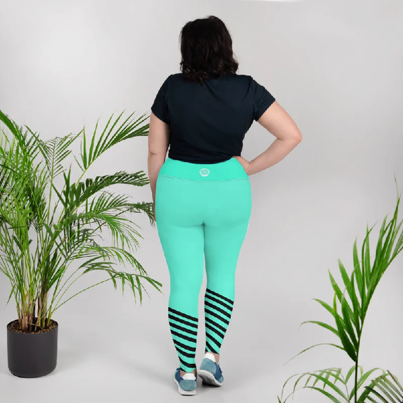 Turquoise Blue Striped Leggings, Black Diagonal Stripe Print Women's Plus Size Tights Cozy Oversized Leggings Turquoise Blue Striped Leggings, Black Diagonal Stripe Print Women's Plus Size Tights Cozy Oversized Leggings