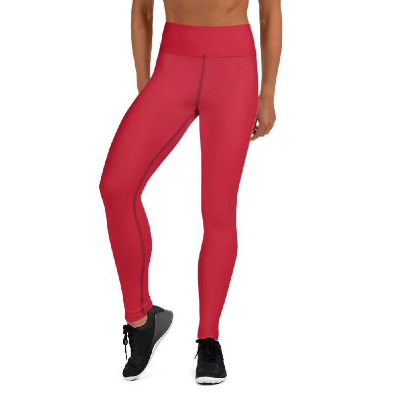Red Solid Color Yoga Leggings, Best Long Workout Long Gym Tights-Made in USA/EU/MX Comfortable Wide-Band Leggings