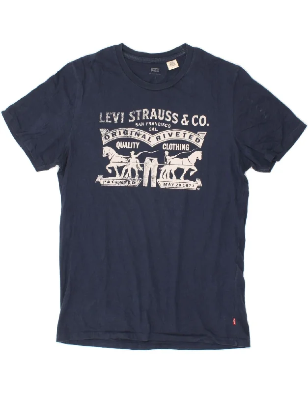 LEVI'S Mens Graphic T-Shirt Top Small Navy Blue Cotton Striped Floral Plaid