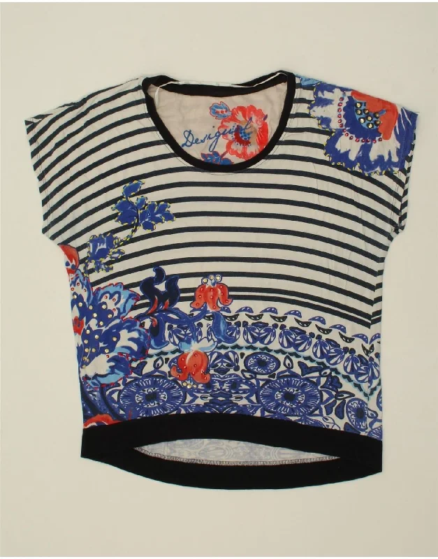DESIGUAL Womens Graphic T-Shirt Top UK 16 Large Navy Blue Floral Cotton Hooded Caped Shawl Collar
