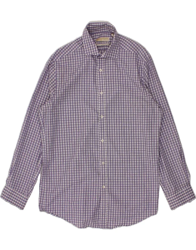 MICHAEL KORS Mens Shirt Size 16 Large Purple Gingham Cotton Collared Crew Neck Turtle Neck