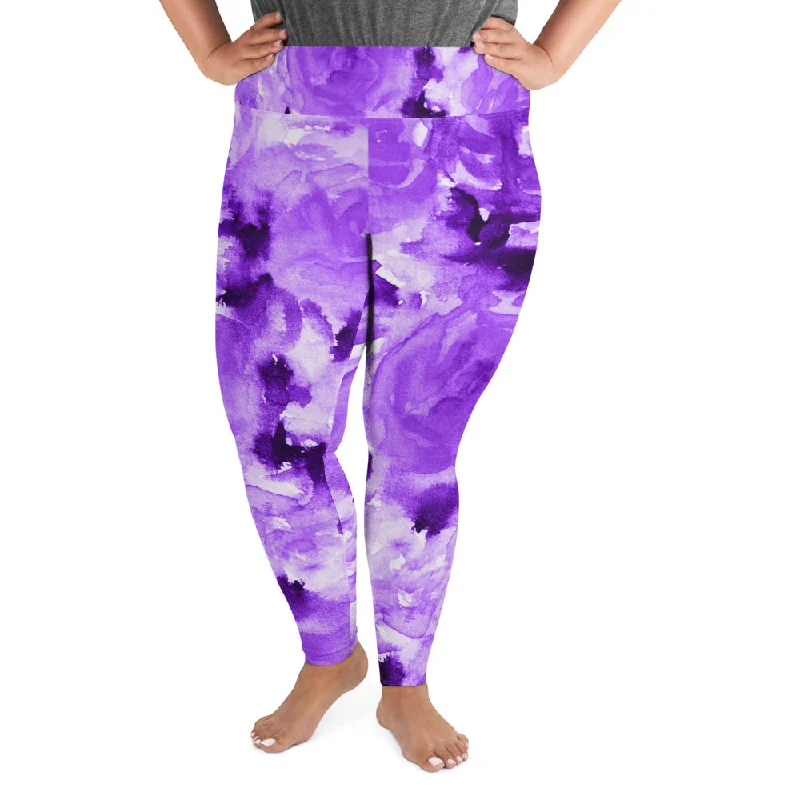 Purple Floral Plus Size Leggings, Abstract Flower Women's Long Yoga Tights-Made in USA/EU Trendy Fitness Leggings