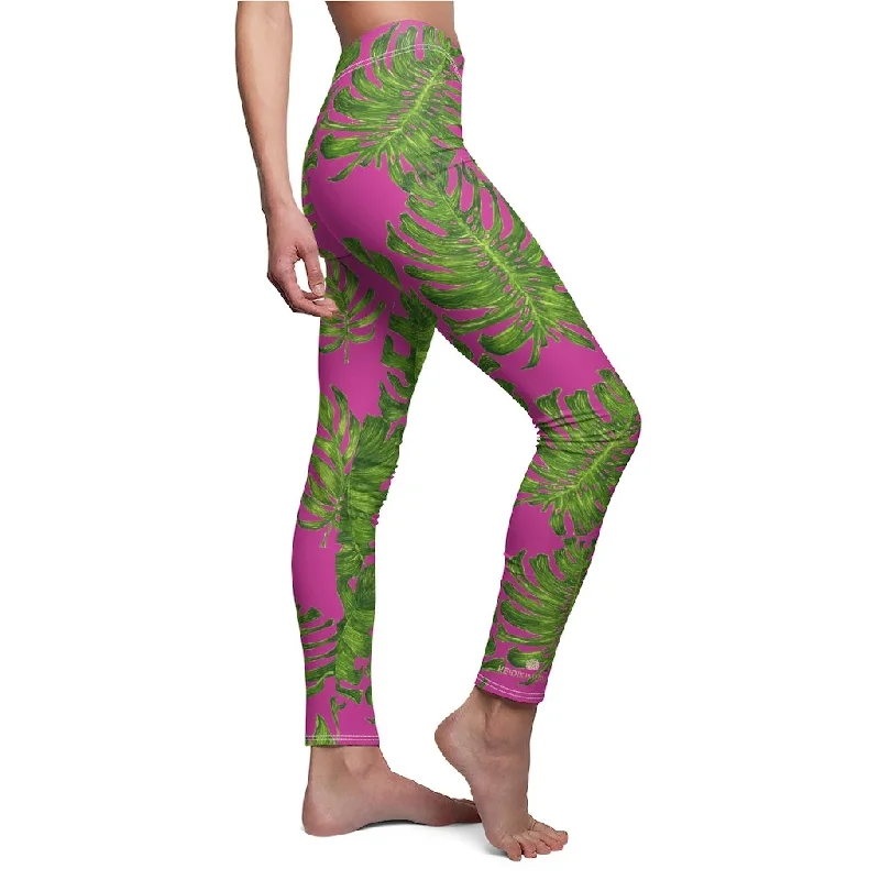 Hot Pink Tropical Tights, Green Tropical Leaf Print Women's Dressy Long Casual Leggings- Made in USA Chic Workout Leggings