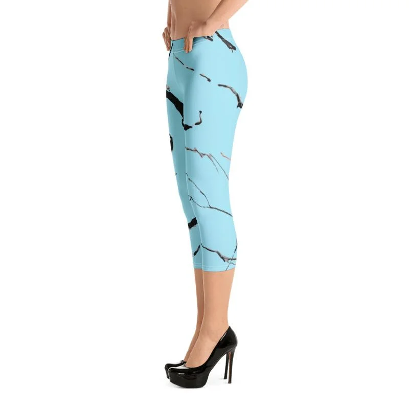 Light Blue Marble Women's Tights, Marble Print Dressy Fashion Capri Leggings Pants- Made in USA/ EU Cozy Fashion Leggings