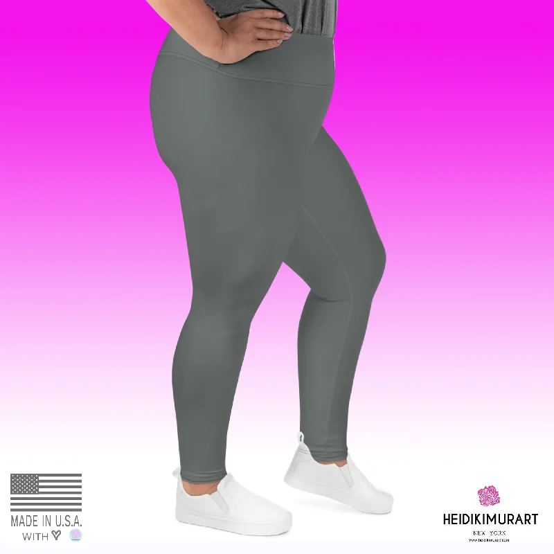 Solid Gray Plus Size Tights, Grey Solid Color Women's Plus Size Leggings Yoga Pants, Plus Size Tights -Made in USA Comfortable Yoga Tights Leggings