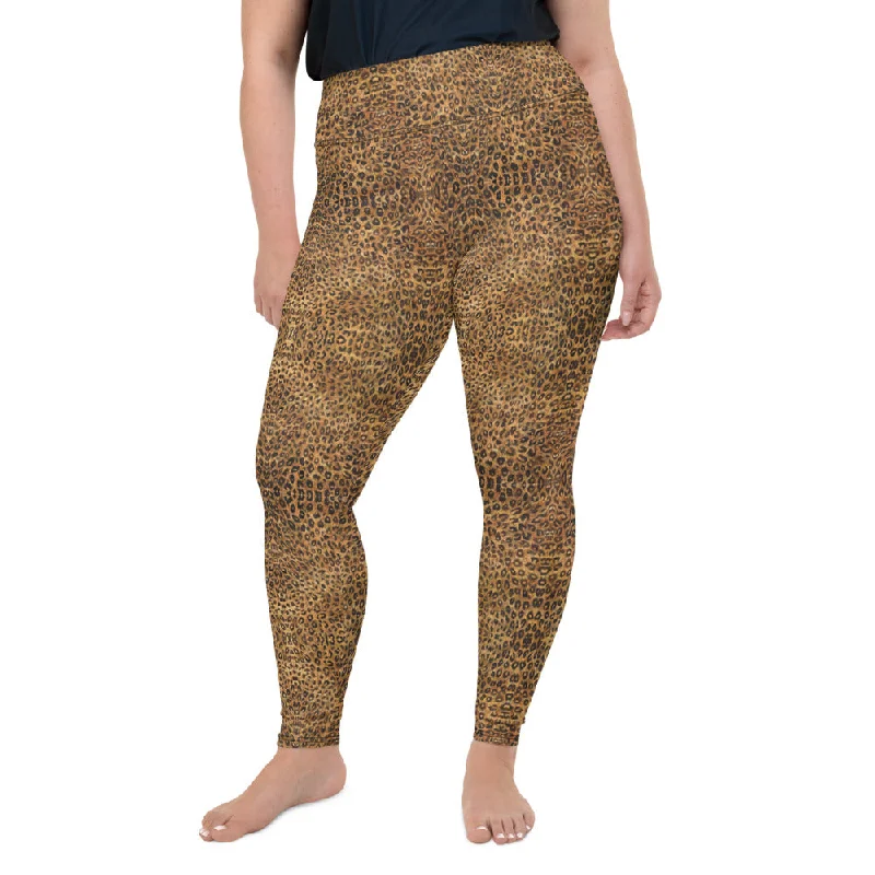 Leopard Plus Size Leggings, Brown Animal Print Yoga Pants For Women-Made in USA/EU Comfortable Printed Workout Leggings