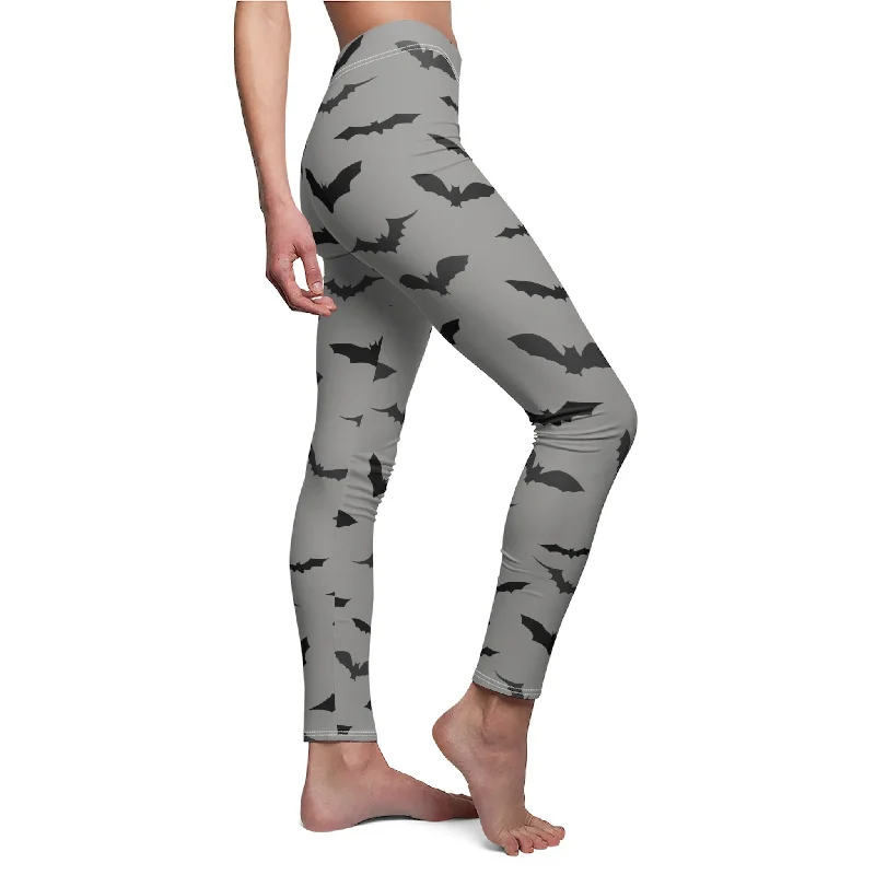 Gray Black Bats Long Tights, Best Women's Halloween Costume Cosplay Casual Leggings- Made in USA Stylish Faux Leather Leggings