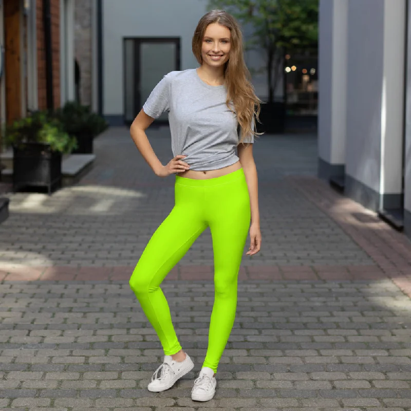 Neon Green Women's Casual Leggings, Bright Green Fancy Dressy Tights -Made in USA/EU Comfortable Running Leggings