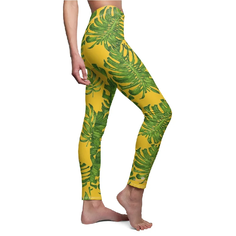 Yellow And Green Tropical Tights, Leaf Print Women's Dressy Long Casual Leggings- Made in USA Elegant Black Leggings