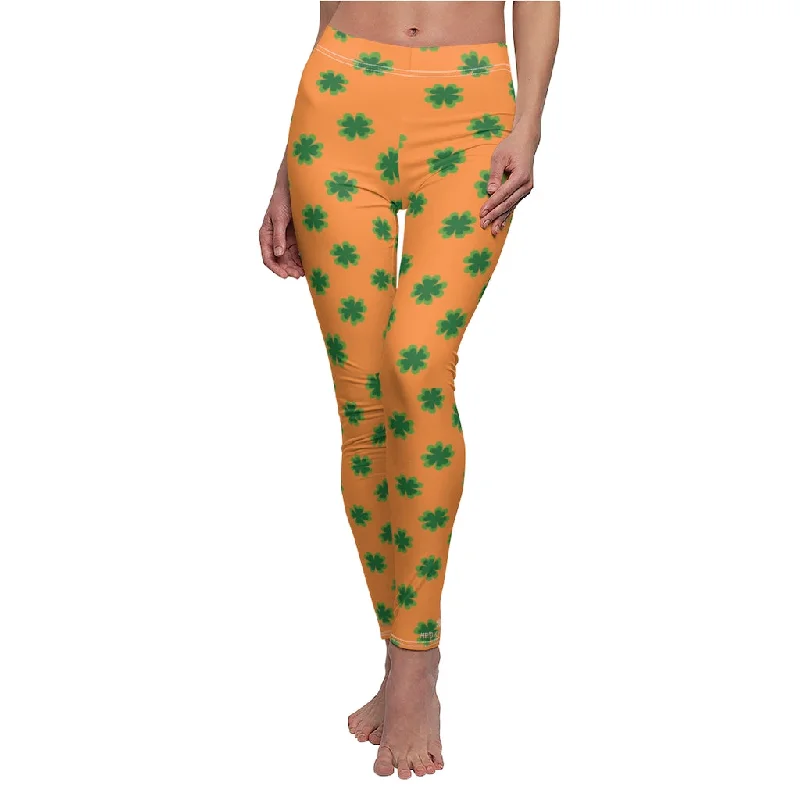 Orange Green St Patty's Tights, Best St. Patrick's Day Clover Print Women's Long Casual Leggings- Made in USA Chic Floral Print Leggings