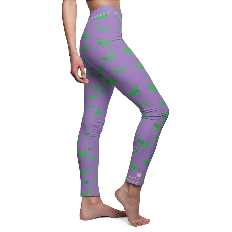 Light Purple Crane Casual Tights, Best Green Japanese Crane Origami Print Women's Dressy Casual Leggings-Made in USA Comfortable Fleece-Lined Leggings