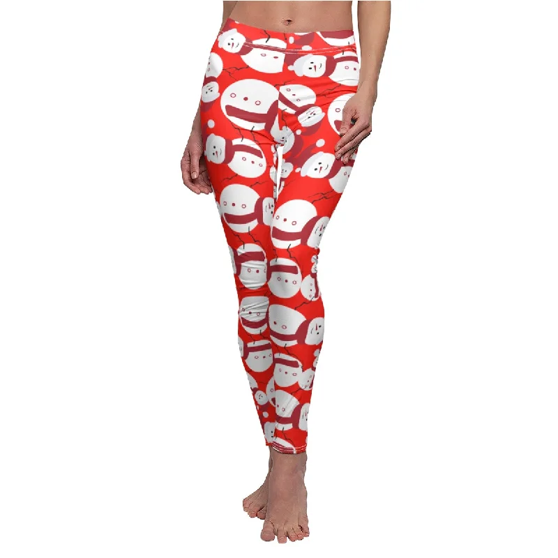 Red Fluffy Snowman Tights, Designer Happy Cute Snowman Women's Christmas Casual Leggings -Made in USA Casual Slim-Fit Leggings