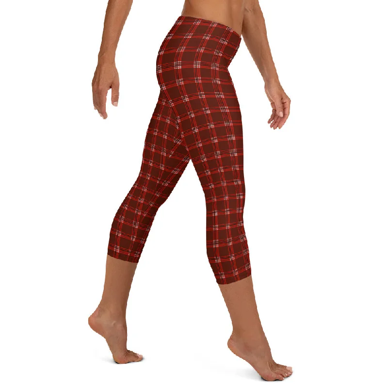 Dark Red Plaid Capri Leggings, Tartan Print Women's Capris Tights-Made in USA/EU Trendy Side-Pocket Leggings