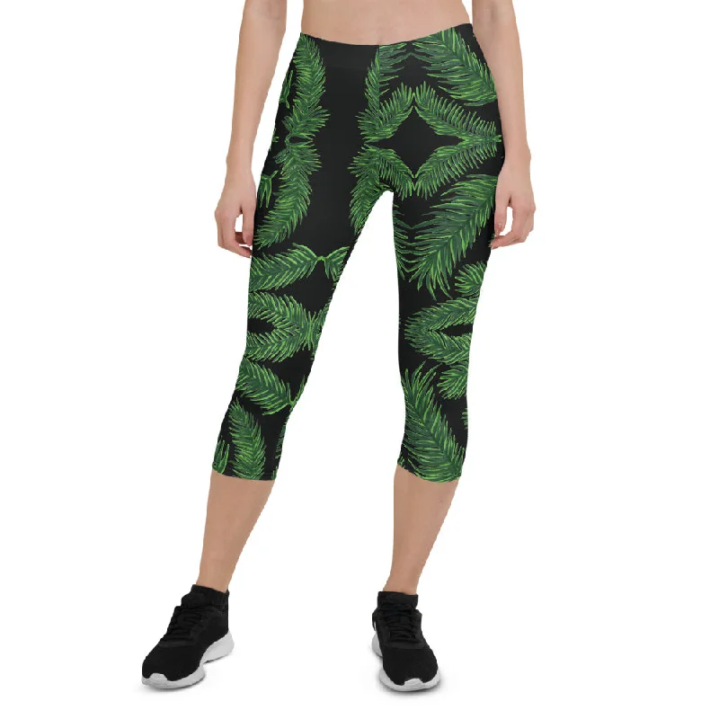 Green Palm Leaf Capri Leggings, Women's Tropical Leaves Women's Tights-Made in USA/EU Fashionable Sports Leggings