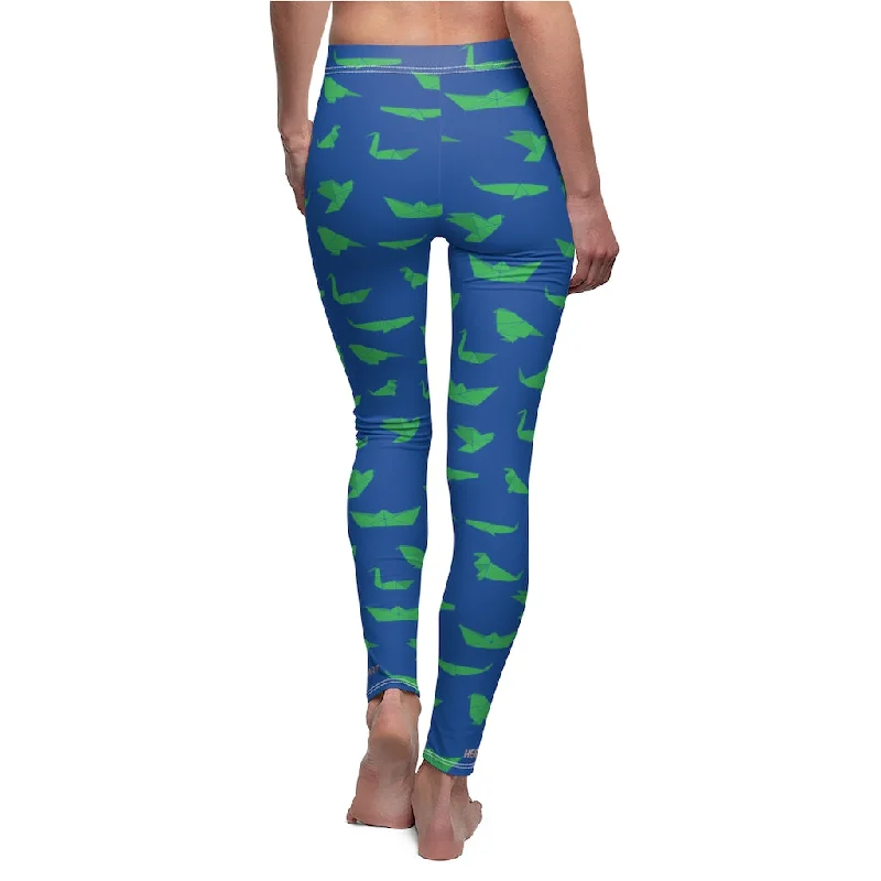 Blue Japanese Crane Women's Leggings, Green Origami Print Casual Tights-Made in USA Fashionable Lacy Detail Leggings