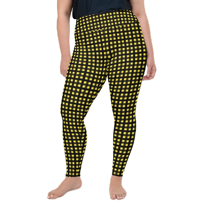 Yellow Buffalo Plus Size Leggings, Black Women's Plaid Print Yoga Pants- Made in USA/EU Trendy Flared Leggings
