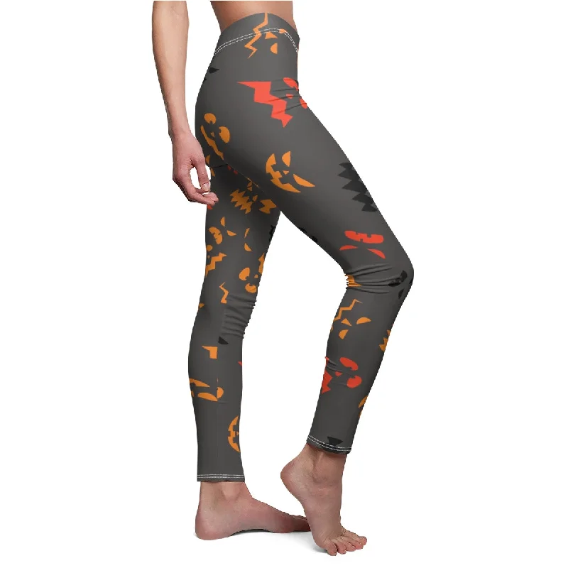 Gray Orange Halloween Tights, Pumpkin Face Women's Halloween Casual Leggings-Made in USA Cozy Sweat-Wicking Leggings