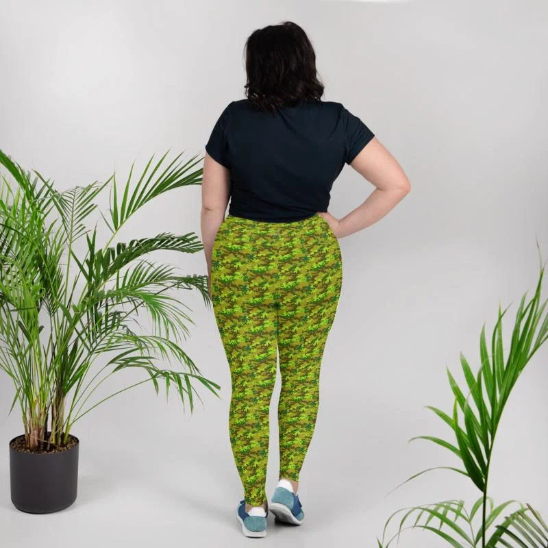 Green Camo Plus Size Leggings, Camouflage Women's Plus Size Leggings- Made in USA/ EU Comfortable Ribbed Waistband Leggings Green Camo Plus Size Leggings, Camouflage Women's Plus Size Leggings- Made in USA/ EU Comfortable Ribbed Waistband Leggings