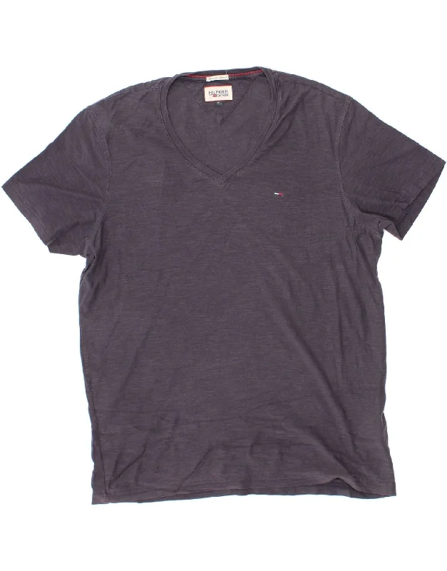 TOMMY HILFIGER Mens T-Shirt Top XL Navy Blue Cotton V-Neck T-Shirt Long Sleeve Cotton