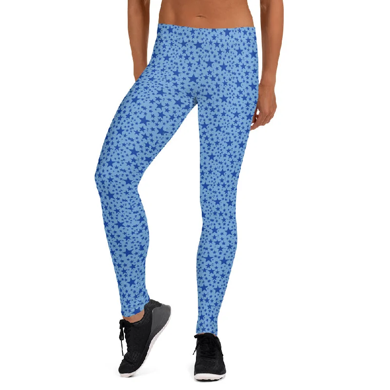 Blue Star Tights, Light Blue Star Casual Fashion Women's Leggings Pants- Made in USA/EU Fashionable Quick-Dry Yoga Pants