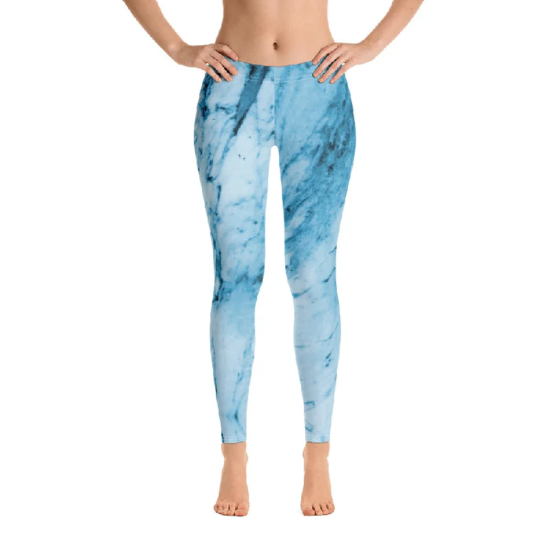 Blue Marble Print Fancy Leggings, Abstract Women's Dressy Abstract Tights-Made in USA/EU Fashionable Seamless Leggings