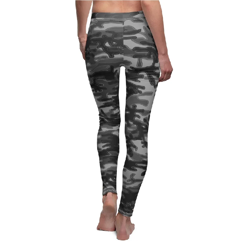 Black Gray Camo Women's Leggings, Grey Best Army Print Women's Casual Leggings-Made in USA Trendy Fitness Leggings
